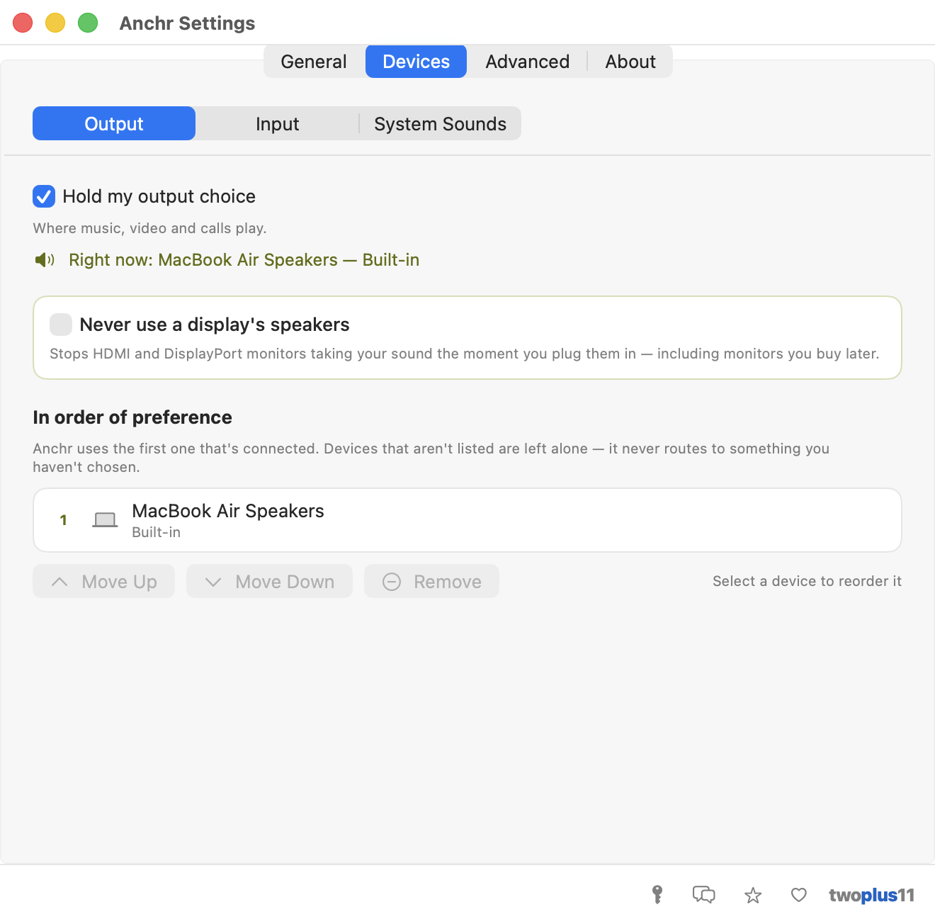 Anchr's Devices settings — a segmented Output, Input and System Sounds picker, a switch reading Never use a display's speakers, and a numbered list of preferred devices with Scarlett 2i2 first and MacBook Pro Speakers second, with Move Up, Move Down and Remove buttons beneath