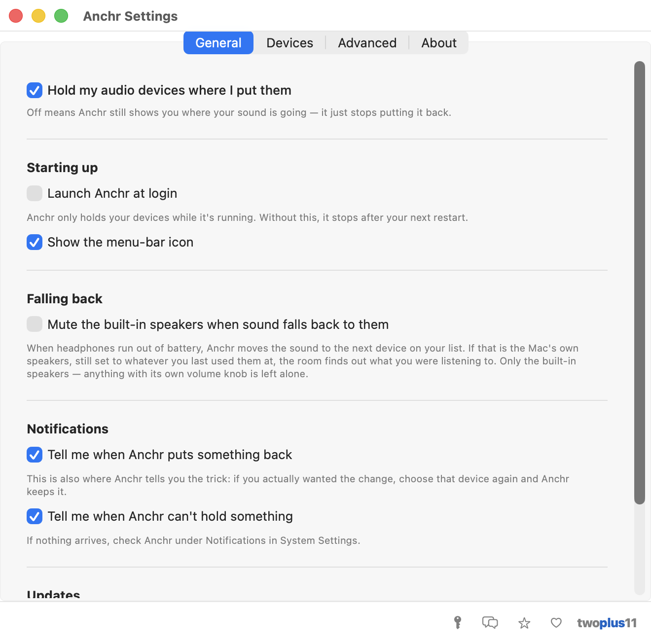 Anchr's General settings — a master switch reading Hold my audio devices where I put them, launch at login, show the menu-bar icon, and two notification switches
