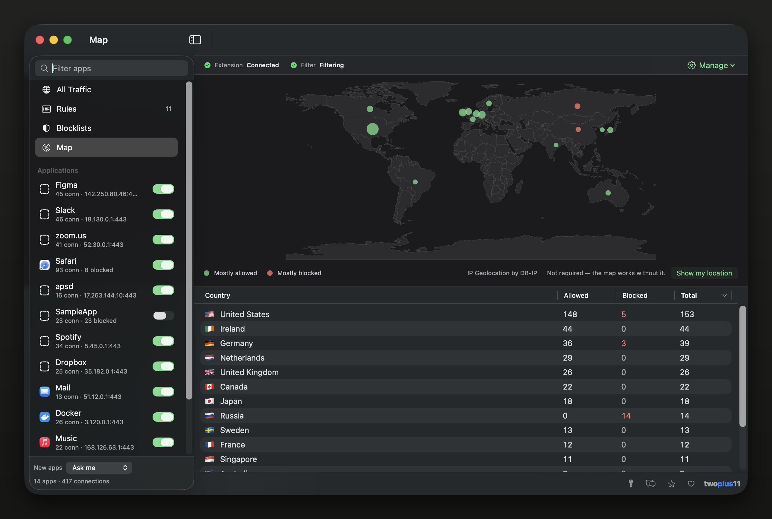 Blockr's Map screen — a world map with a dot on every country this Mac connected to, each sized by how many connections went there and colored green where most were allowed or red where most were blocked, above a sortable table listing every country with its allowed, blocked and total counts