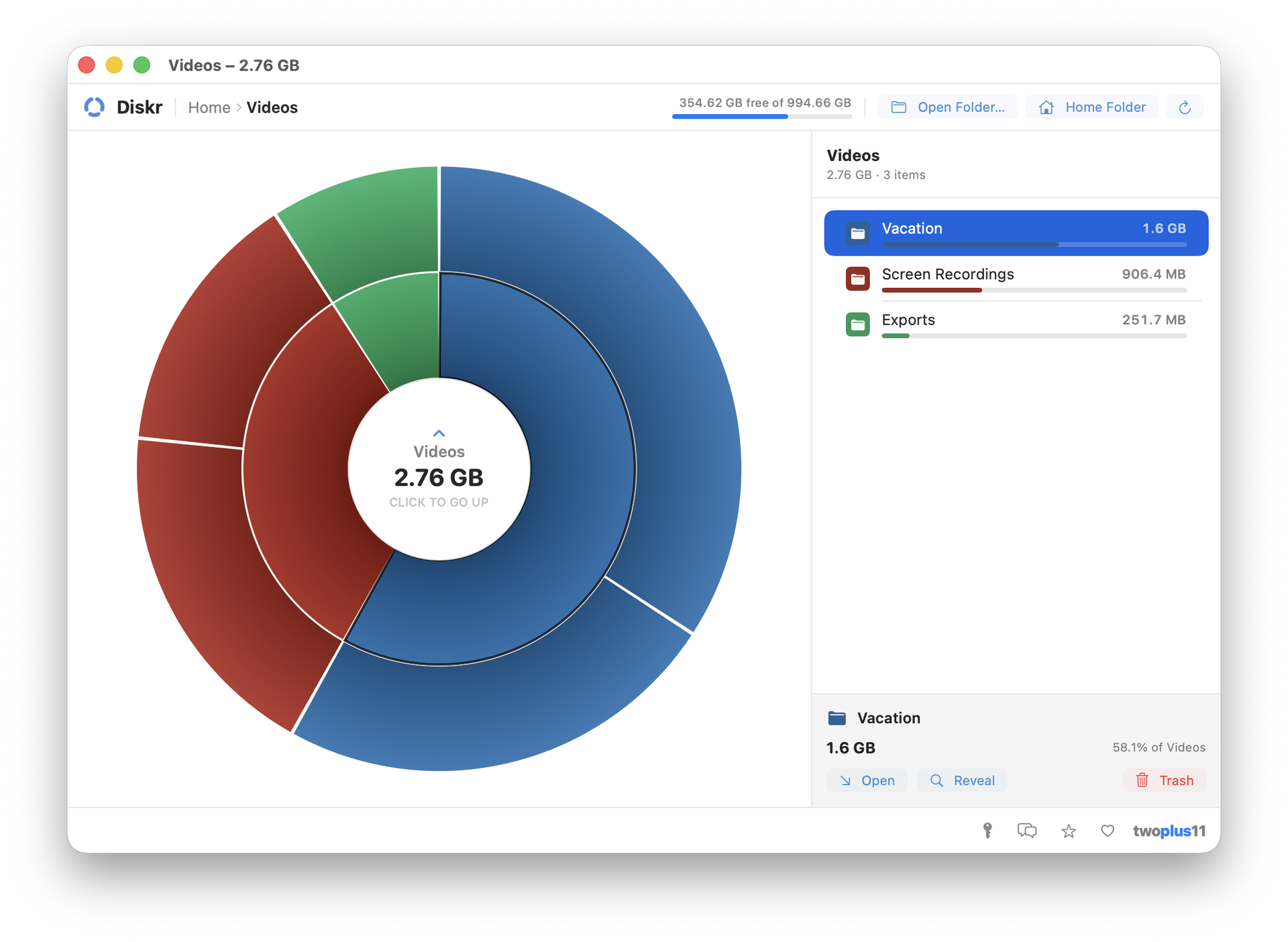Diskr drilled one level into the Videos folder — the breadcrumb reads Home then Videos, the centre shows 2.76 GB with click to go up, and Vacation is selected at 1.6 GB, 58.1% of Videos