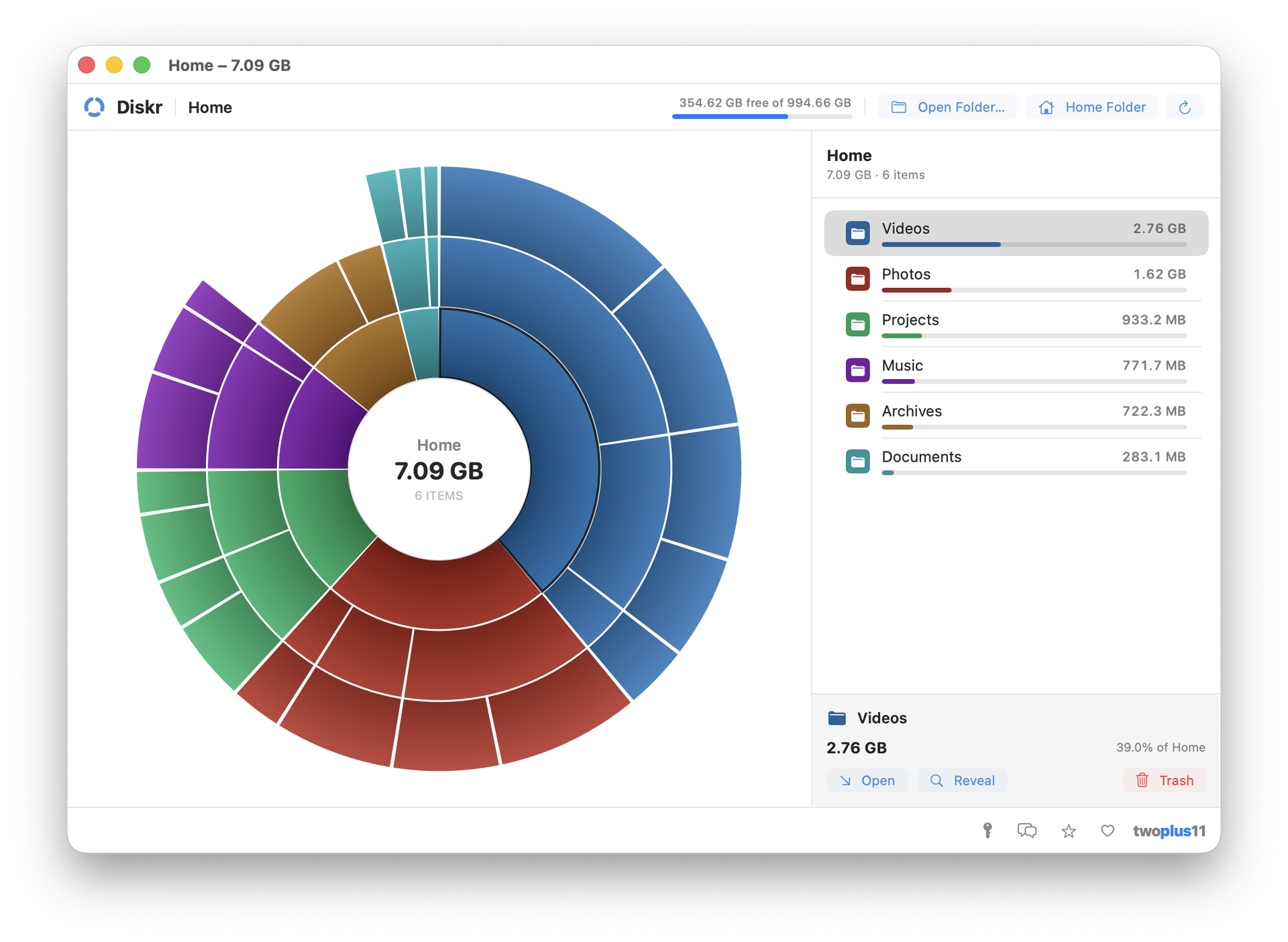 The Diskr window after scanning a folder — 7.09 GB mapped into a multi-ring sunburst, with Videos selected at 2.76 GB and 39% of the folder, and a sidebar listing Videos, Photos, Projects, Music, Archives and Documents by exact size