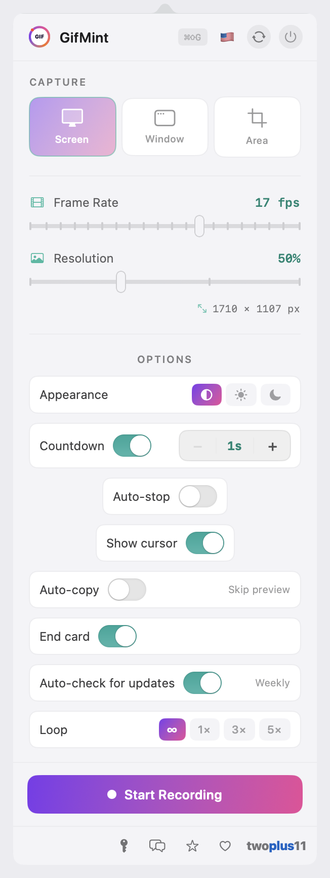 GifMint's menu bar panel: Screen, Window and Area capture modes, a frame-rate slider at 10 fps, a resolution slider at 50 percent showing the output pixel size, and options for appearance, countdown, auto-stop, cursor visibility, auto-copy, the End card, weekly update checks and loop count, above a Start Recording button