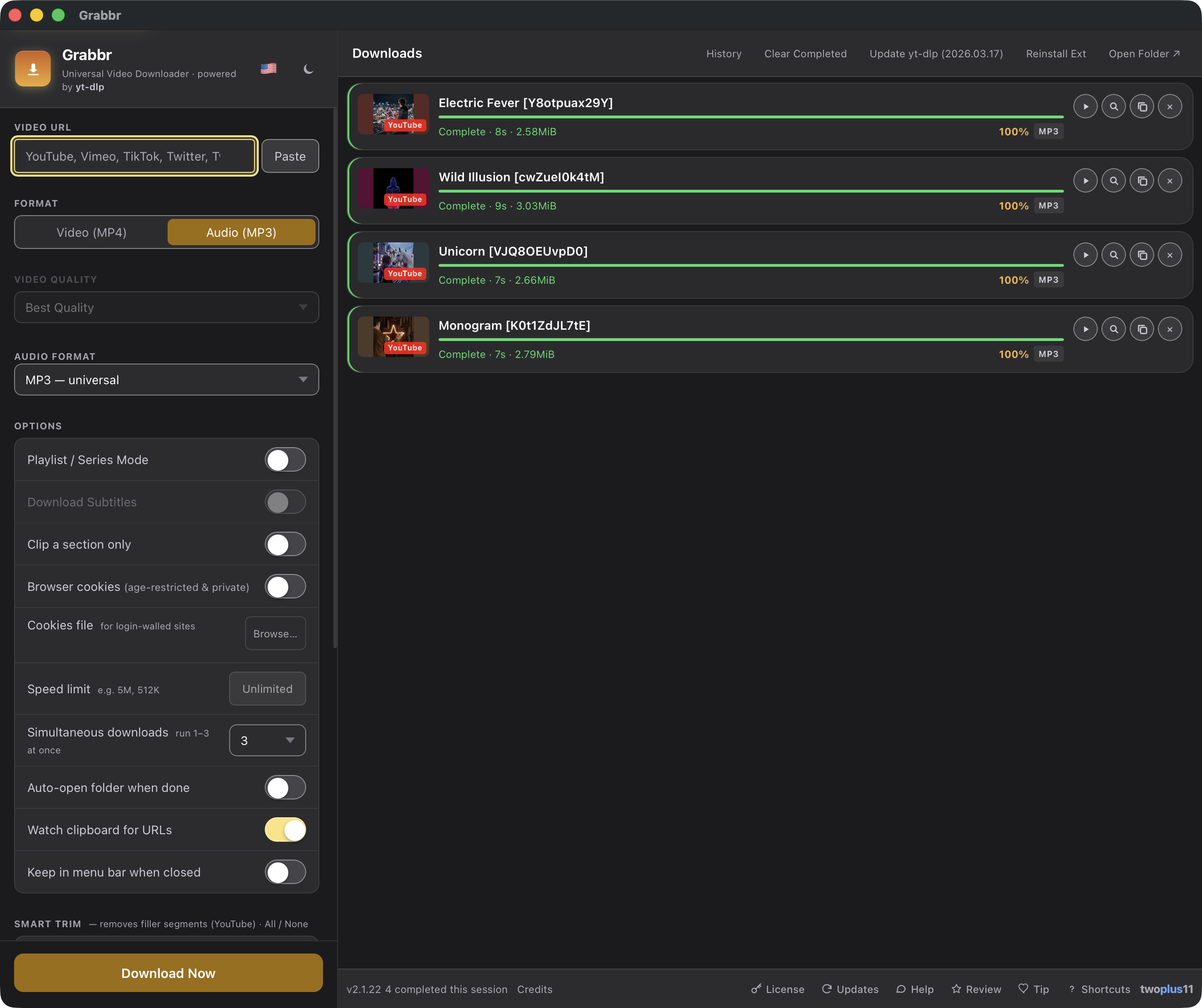 Grabbr's settings panel — video URL field, Video/Audio format picker, Best Quality, MP3 audio format, Options like cookies and speed limits, and the start of the Smart Trim switches above a Download Now button — next to a Downloads queue showing four finished MP3 downloads with their thumbnails, times and file sizes.
