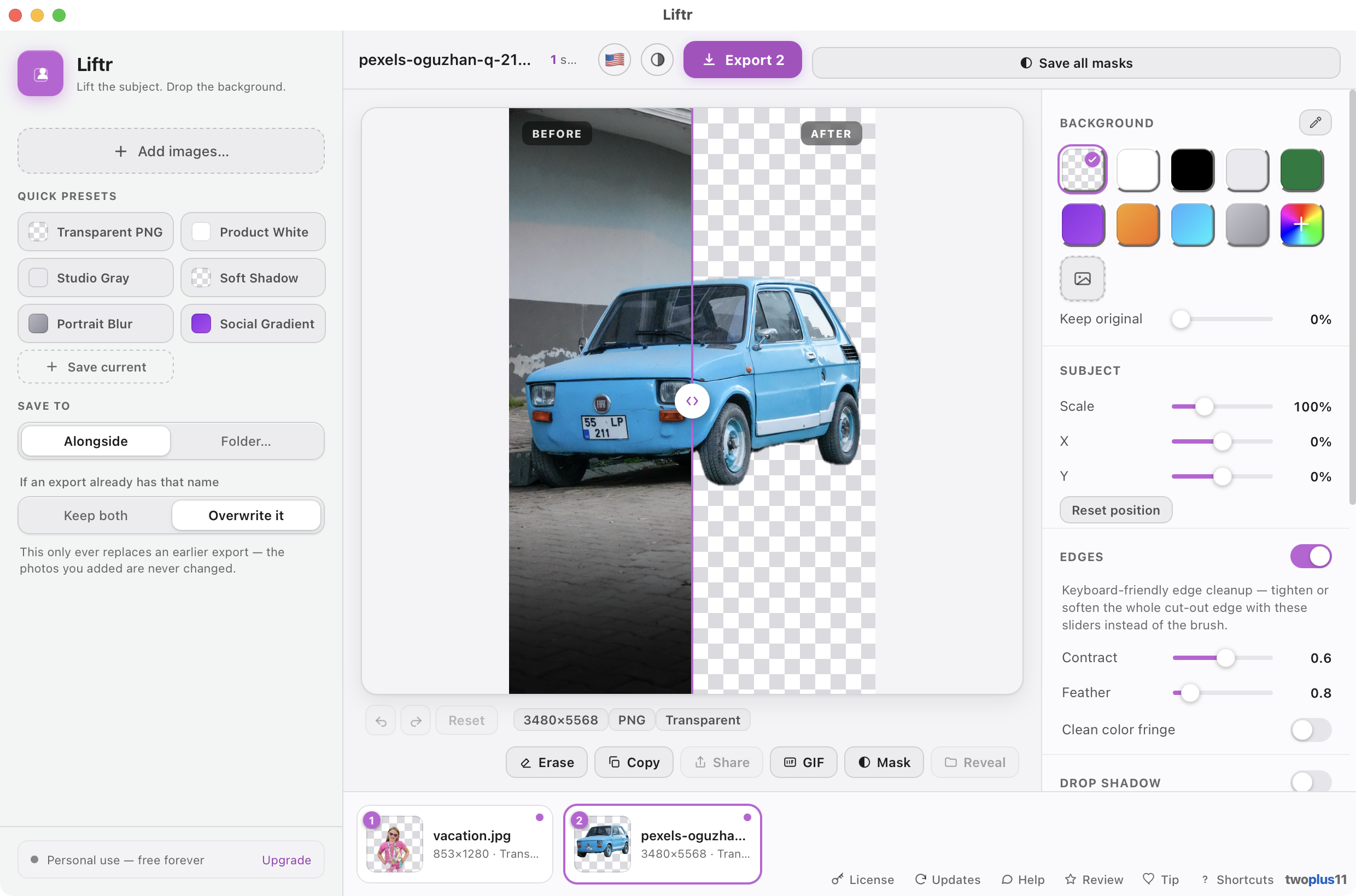 The Liftr app window showing a before/after compare slider: a small blue car photographed outdoors on the left, and the same subject with the background removed onto a transparent checkerboard on the right