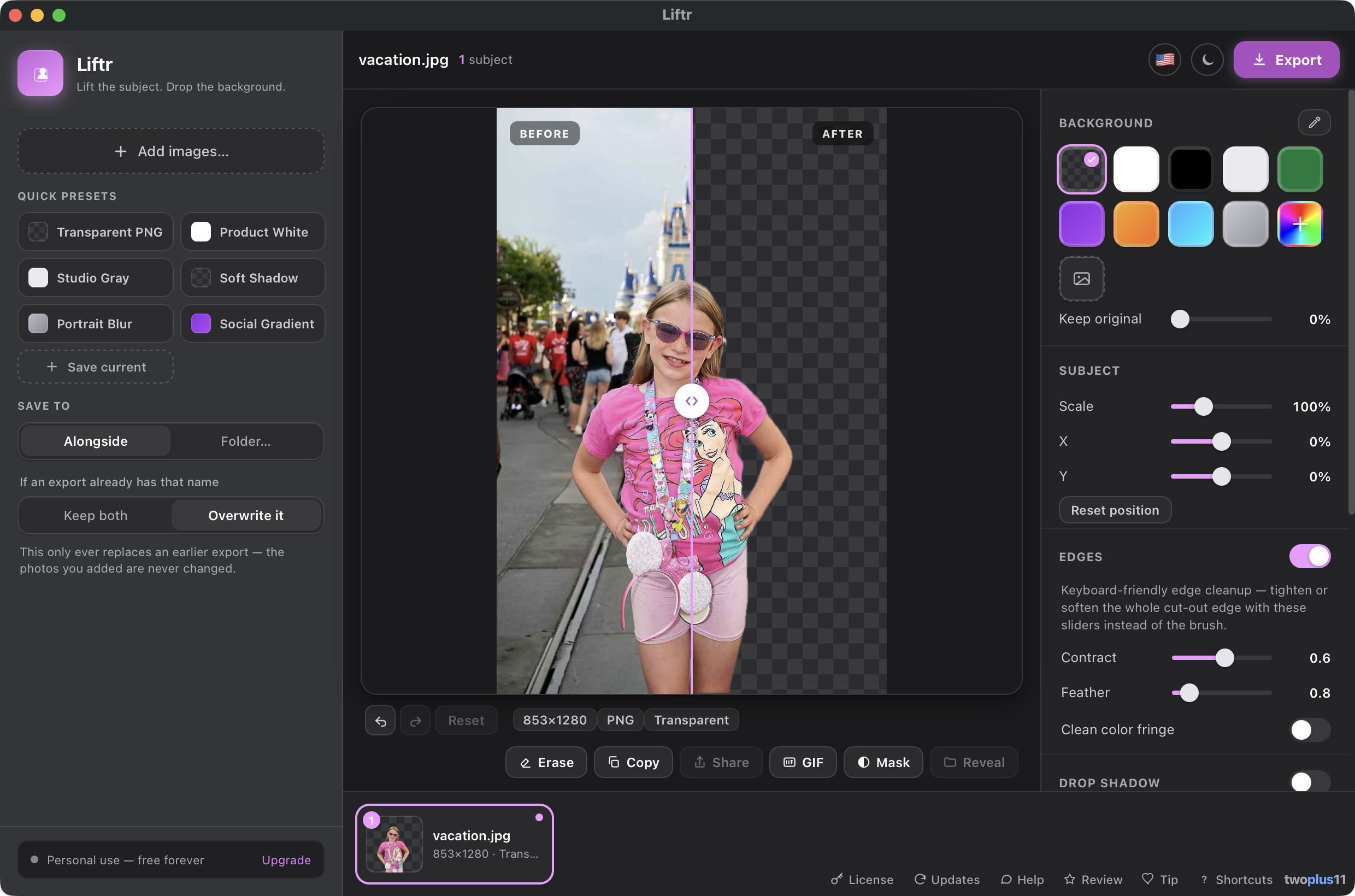 The Liftr app window showing a before/after compare slider: a girl photographed on Main Street at Magic Kingdom on the left, and the same subject with the background removed onto a transparent checkerboard on the right