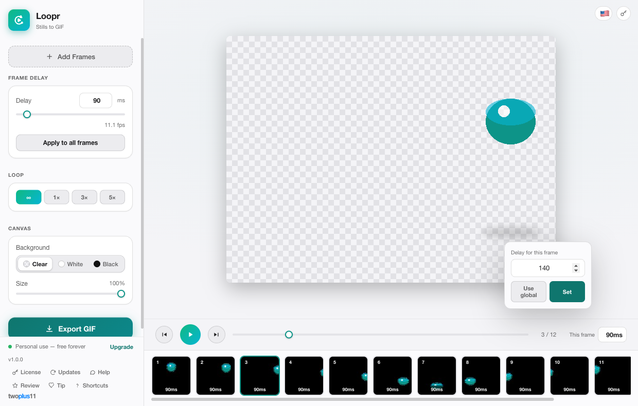 The per-frame delay popover open on a frame in Loopr — the delay for that frame being set in milliseconds with the loop's fps updating live, and the play/pause preview showing the timing