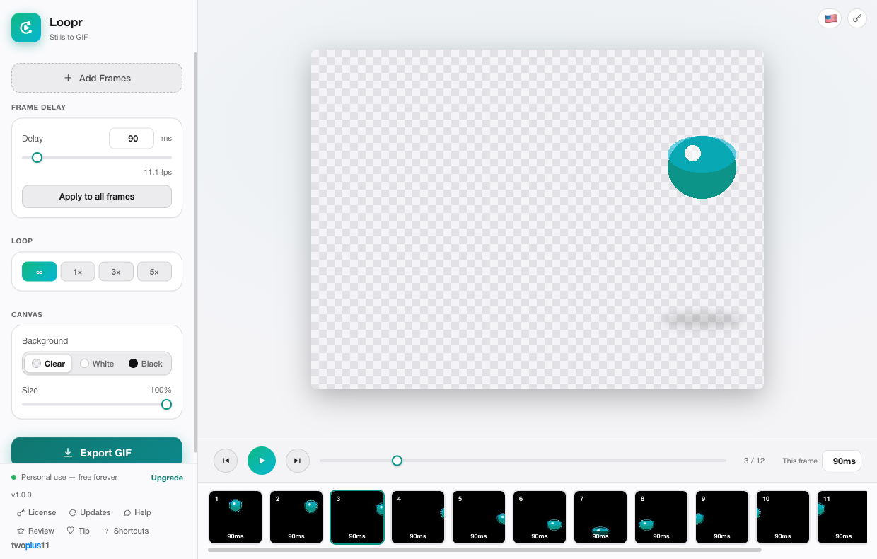 The Loopr window building a looping GIF from a set of stills — frames laid out in order with a filmstrip and scrubber, per-frame delays and a live fps readout, loop count and background controls, and a play/pause preview showing exactly what will export