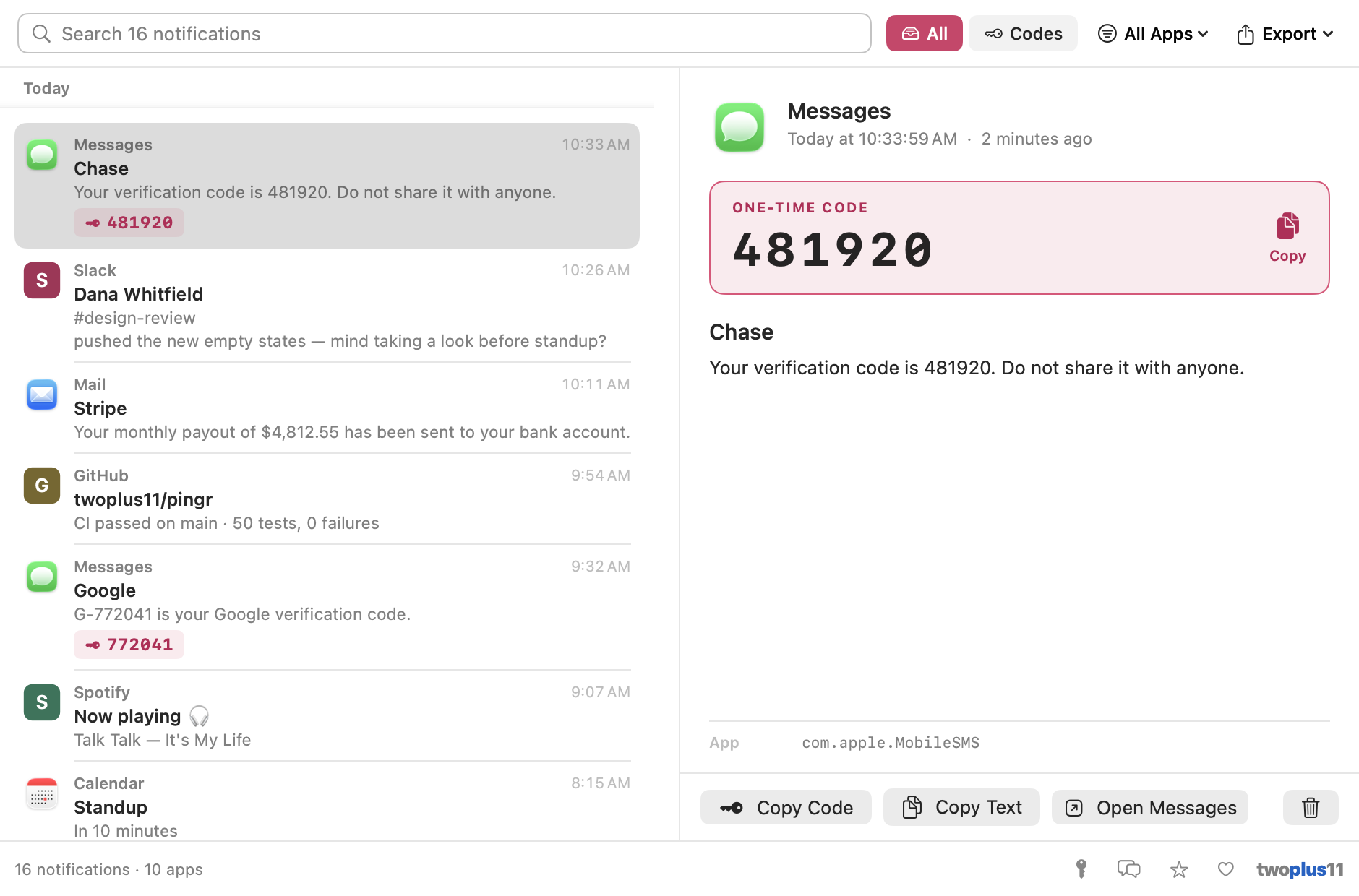 Pingr's timeline window. A search field across the top reads "Search 16 notifications", beside filters for All and Codes, an app filter, and an Export menu. The list below is grouped under Today: a Messages notification from Chase carrying the code 481920, a Slack message, a Mail notification from Stripe, a GitHub build result, a second code from Google, Spotify and Calendar. The pane on the right shows the selected Chase notification with its one-time code 481920 large in a card with a Copy button, and buttons underneath to Copy Code, Copy Text, Open Messages, or delete it.