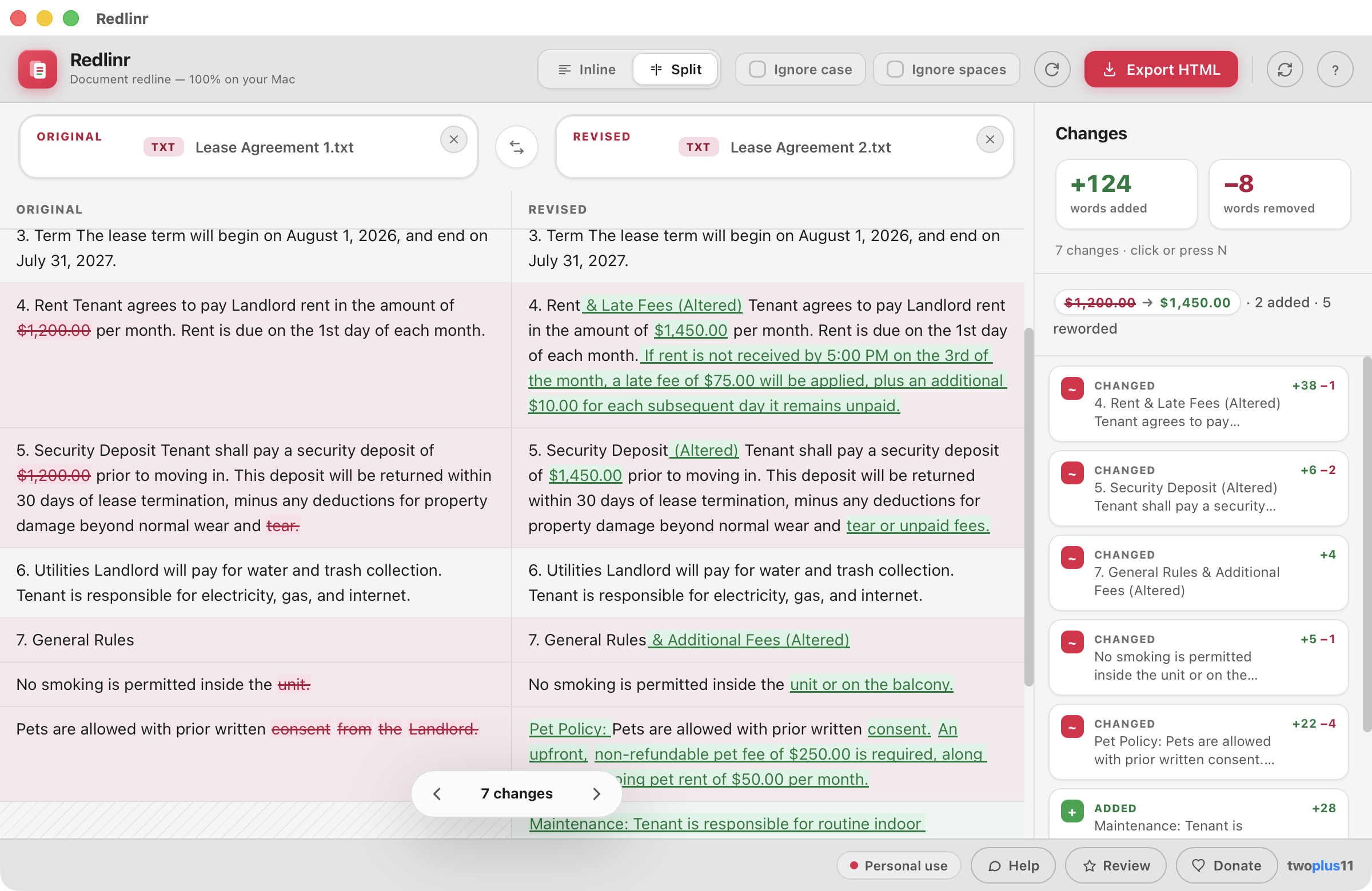 Redlinr in Split view comparing Lease Agreement 1 (Original) and Lease Agreement 2 (Revised): 124 words added, 8 removed across 7 changes — rent increased from $1,200.00 to $1,450.00 with a new late-fee clause, an updated security deposit, an expanded pet policy with a $250 fee and $50/month pet rent, an added maintenance clause, and smoking permission extended to the balcony — deletions struck through in rose and insertions underlined in green