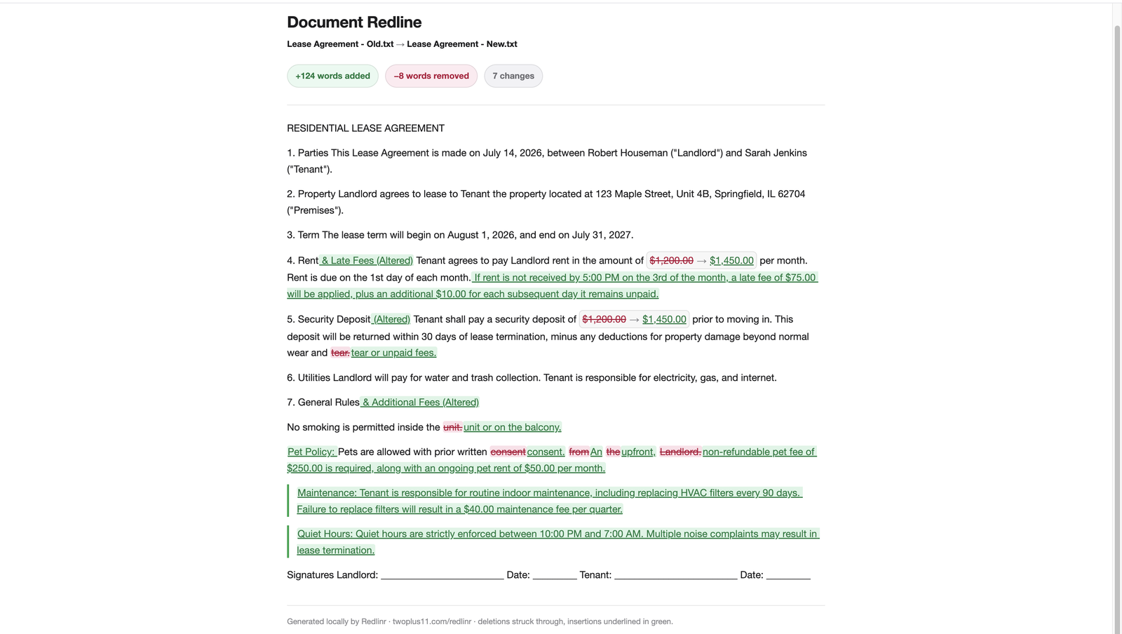 The exported redline opened as a self-contained HTML file: Document Redline, Lease Agreement - Old.txt to Lease Agreement - New.txt, 124 words added, 8 removed, 7 changes, with deletions struck through in rose and insertions underlined in green, and a 'Generated locally by Redlinr' credit line at the bottom