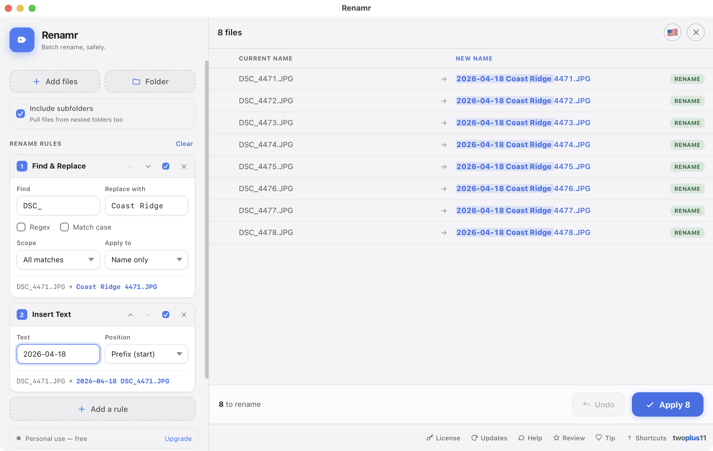 Two rules stacked in Renamr — Find & Replace swapping DSC_ for Coast Ridge, then Insert Text adding a date prefix — with the combined result previewed in every New name before anything is applied