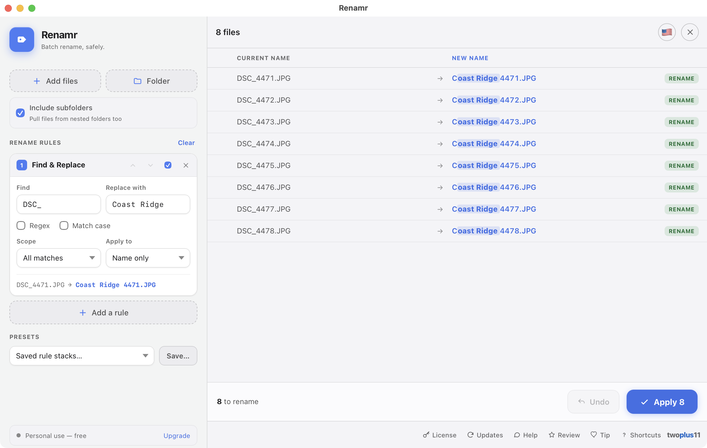The Renamr window renaming a folder of camera files with a Find & Replace rule — every file shown as Current → New with the changed characters highlighted, a live example chip under the rule, and Apply 8 ready