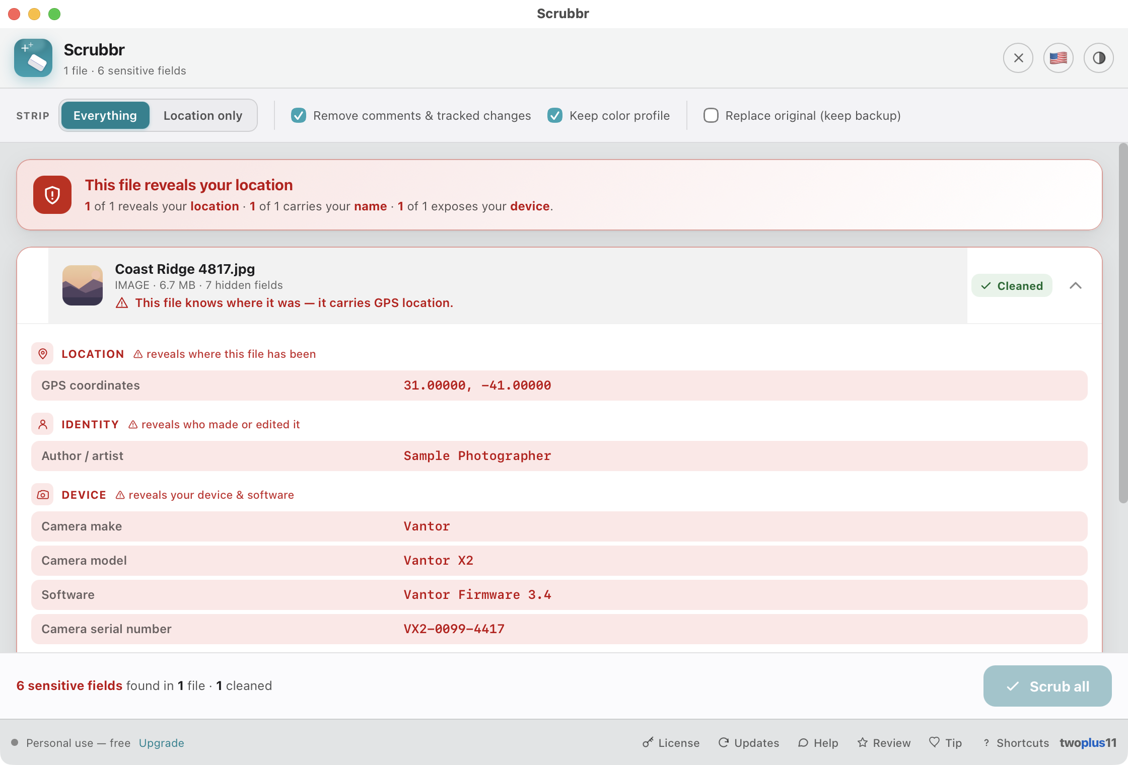Scrubbr after scrubbing — the same file marked Cleaned with a green badge and the footer reporting 6 sensitive fields found in 1 file, 1 cleaned