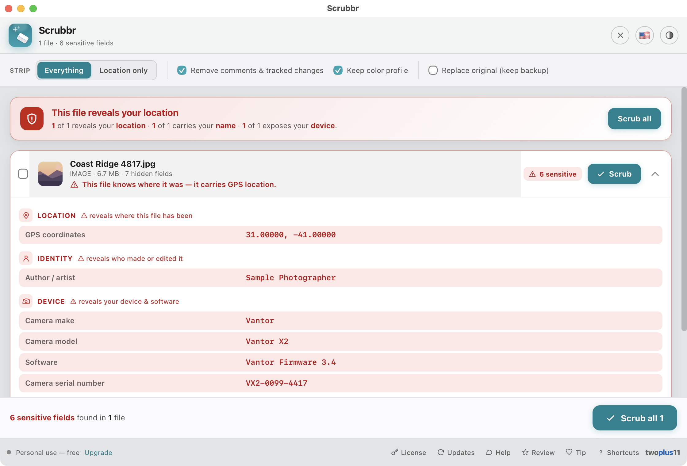 The Scrubbr window listing what a sample photo is carrying — a red banner reading This file reveals your location, then GPS coordinates, author, camera make, model, software and serial number, each flagged as sensitive, with a Scrub all button