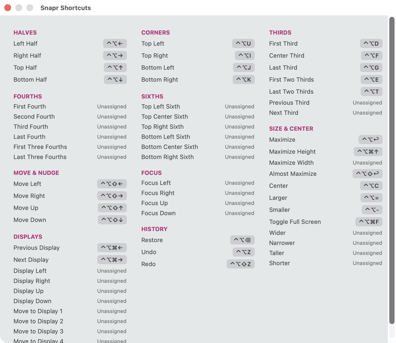 Snapr's cheat sheet, summoned with Control-Option-slash over whatever you're working in — every command laid out in labelled columns for halves, corners, thirds, fourths and sixths, size and center, move and nudge, displays and history, each with its keyboard shortcut shown as keycaps