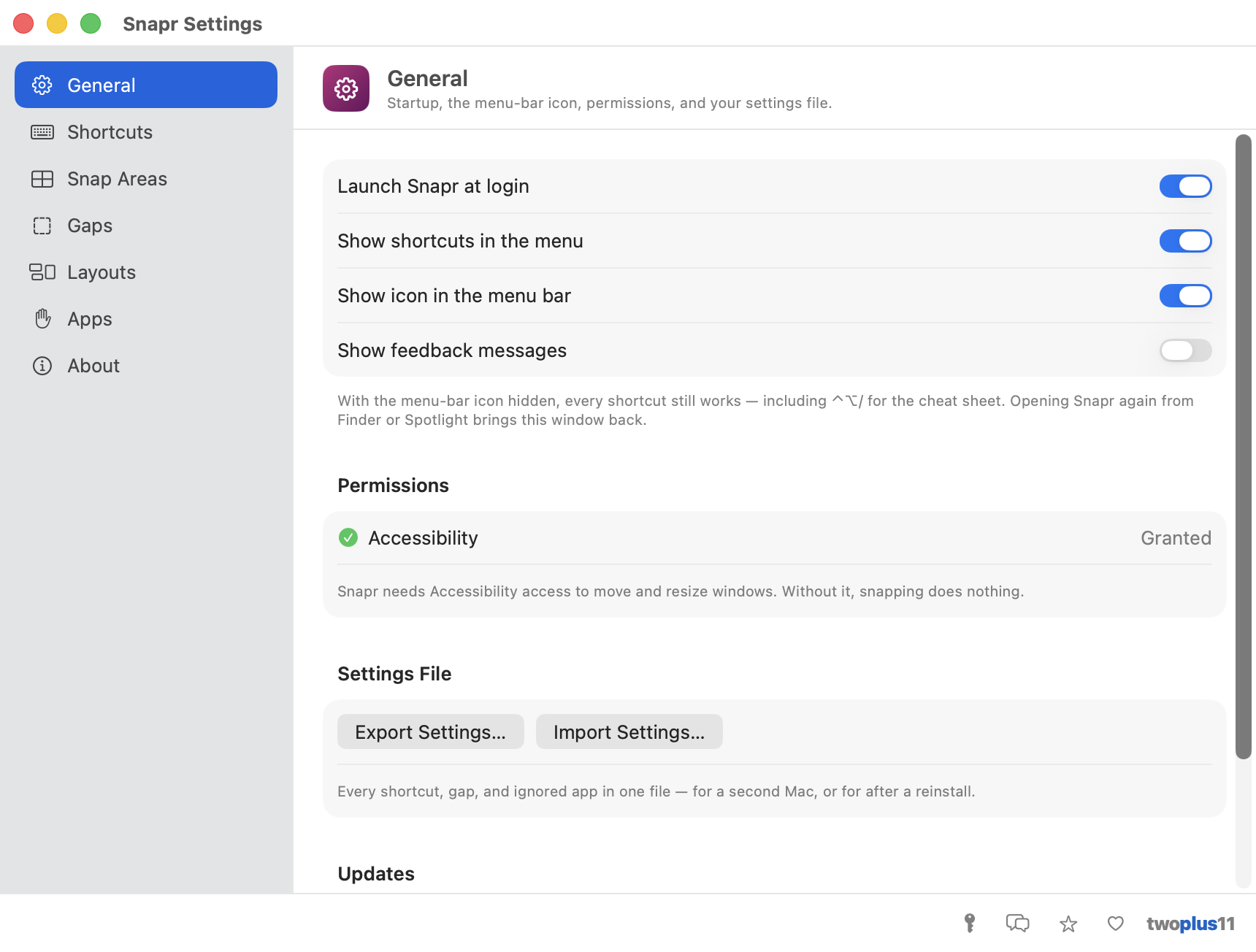 Snapr's Settings window — a sidebar with General, Shortcuts, Snap Areas, Gaps, Layouts, Apps and About, showing Launch at login, display toggles, an Accessibility permission row marked Granted, and settings file export and import