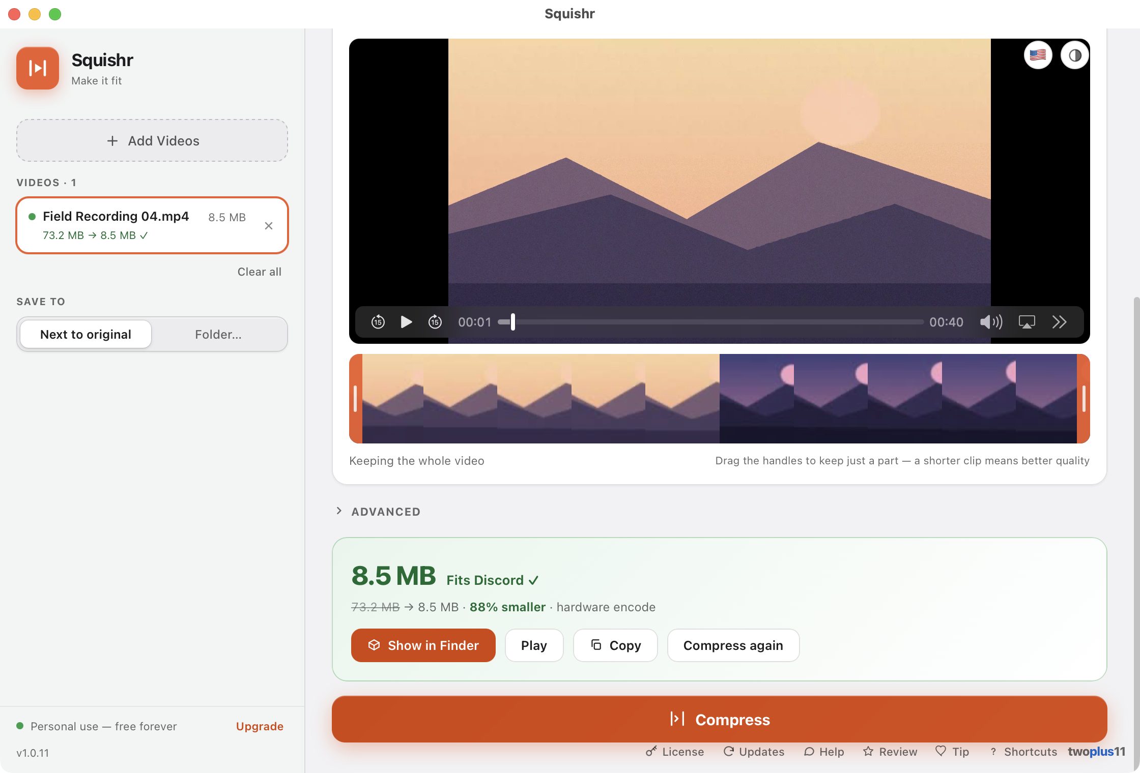 Squishr after encoding — a green banner reading 8.5 MB, Fits Discord, 73.2 MB to 8.5 MB, 88 percent smaller, hardware encode
