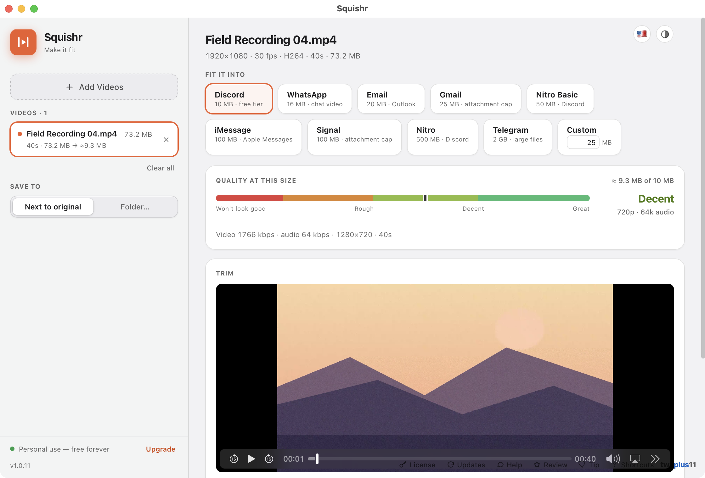 The Squishr window with a 40-second 1920x1080 clip loaded — a row of target chips for Discord, WhatsApp, Email, Gmail, Nitro, iMessage, Signal and Telegram, a quality meter reading Decent at roughly 9.3 MB of 10 MB, and a trim strip under the video preview