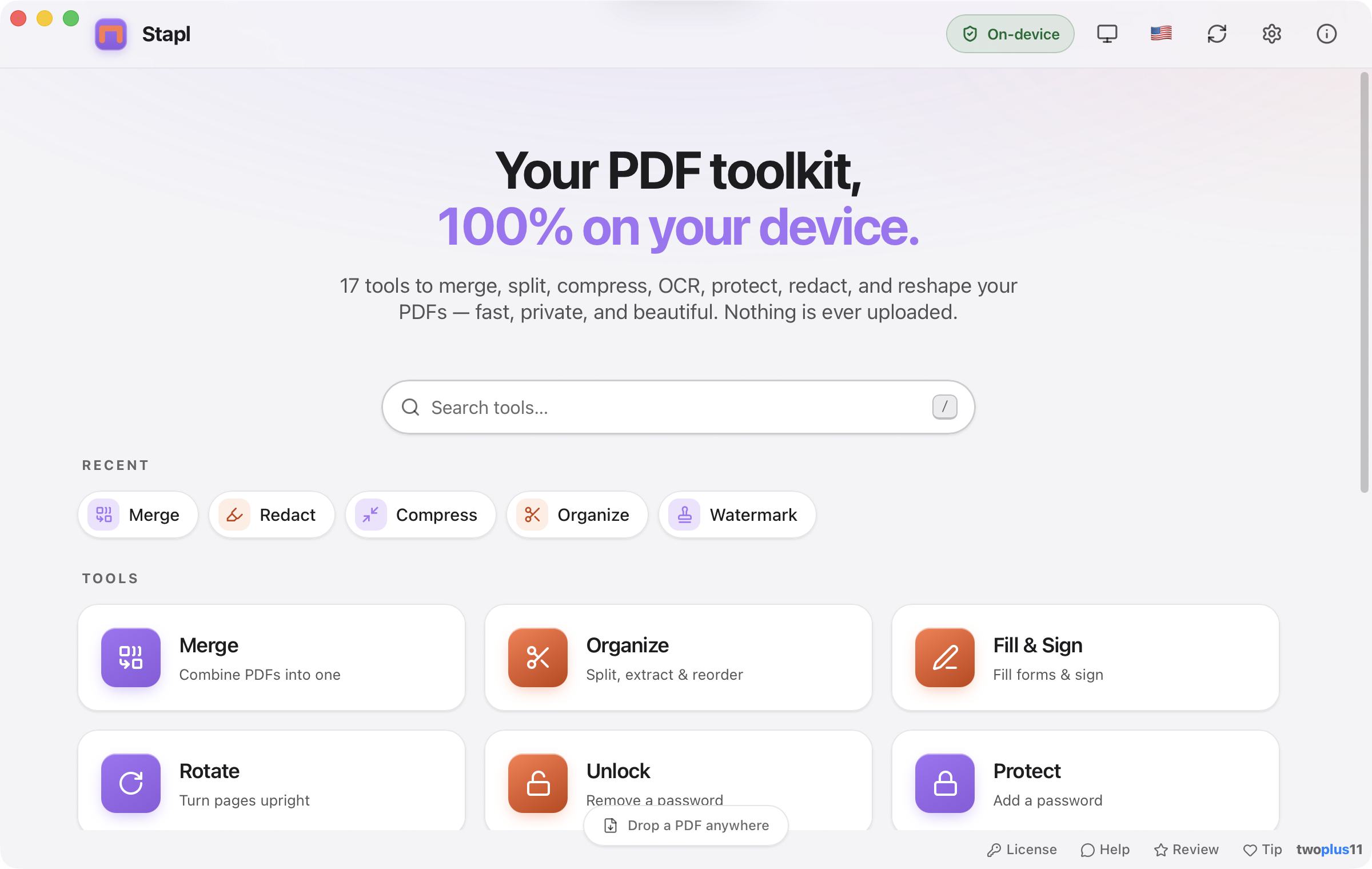 The Stapl window on launch — a search field over a grid of tool cards including Merge, Organize, Fill & Sign, Rotate, Unlock and Protect, a row of recently used tools, and an On-device badge in the toolbar