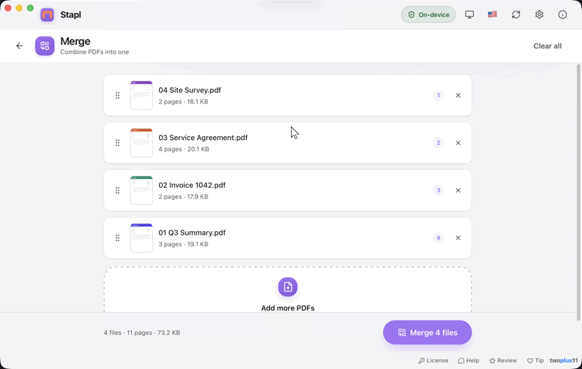 Animation of Stapl's Merge tool: four sample PDFs queued, one dragged to the top of the order, then merged into a single 11-page document with a confirmation showing where it was saved