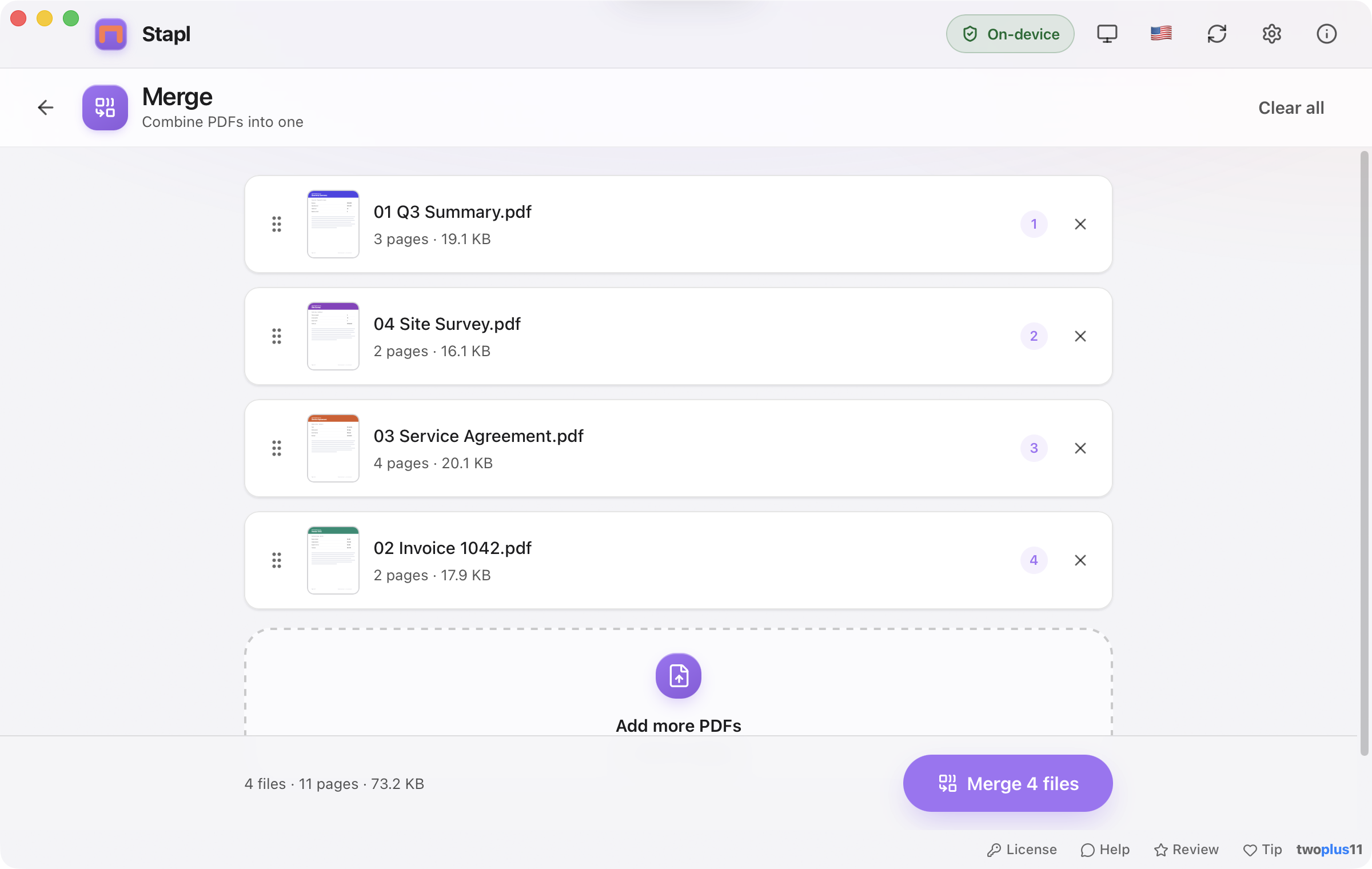 Stapl's Merge queue with four sample PDFs — each row showing a page thumbnail, page count and file size, a drag handle and its position in the order — and a Merge 4 files button totalling 11 pages