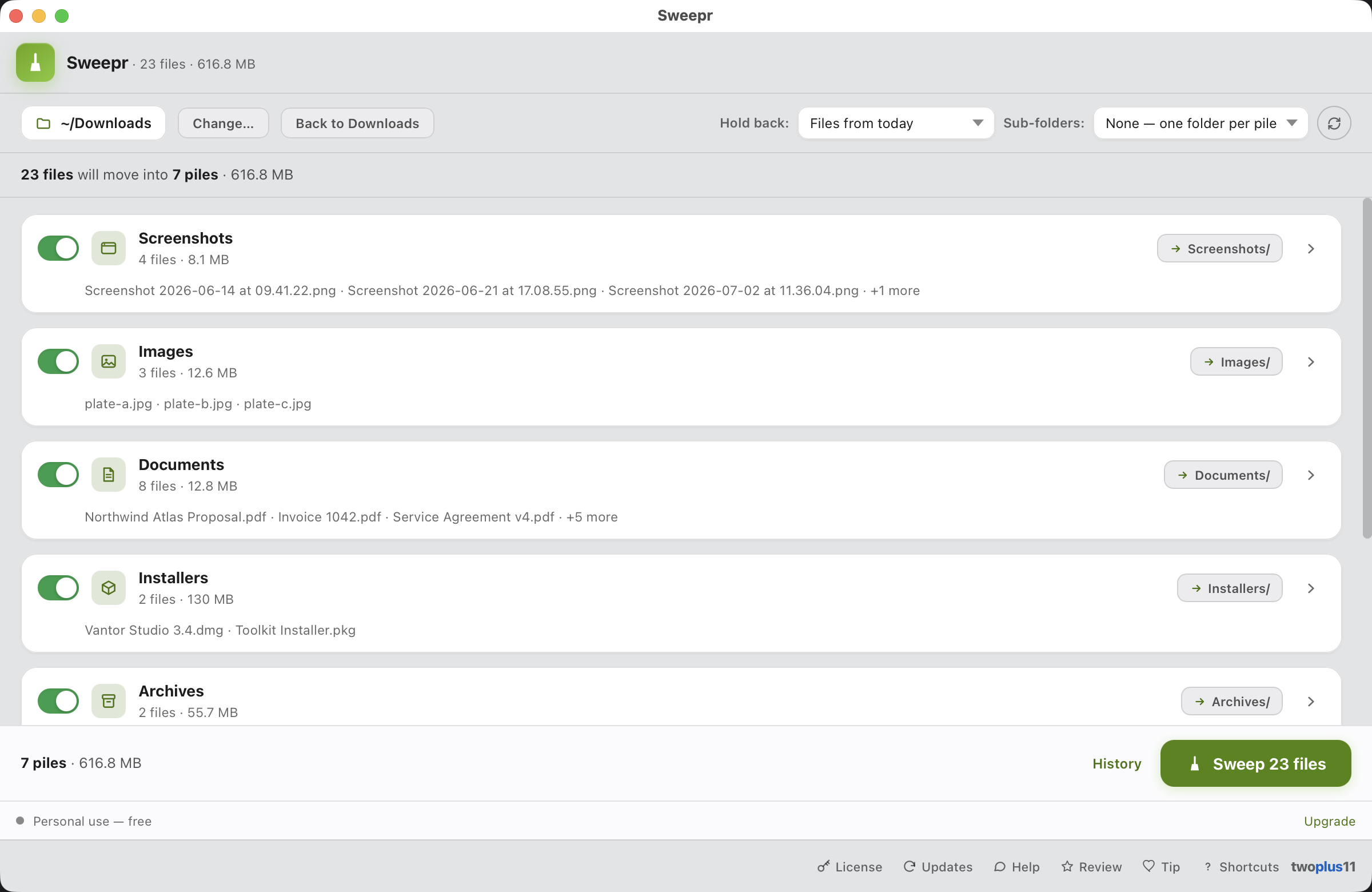 The Sweepr window showing a scan of Downloads — 23 files and 616.8 MB sorted into piles for Screenshots, Images, Documents, Installers and Archives, each pile listing its first few files and ready to move in one sweep