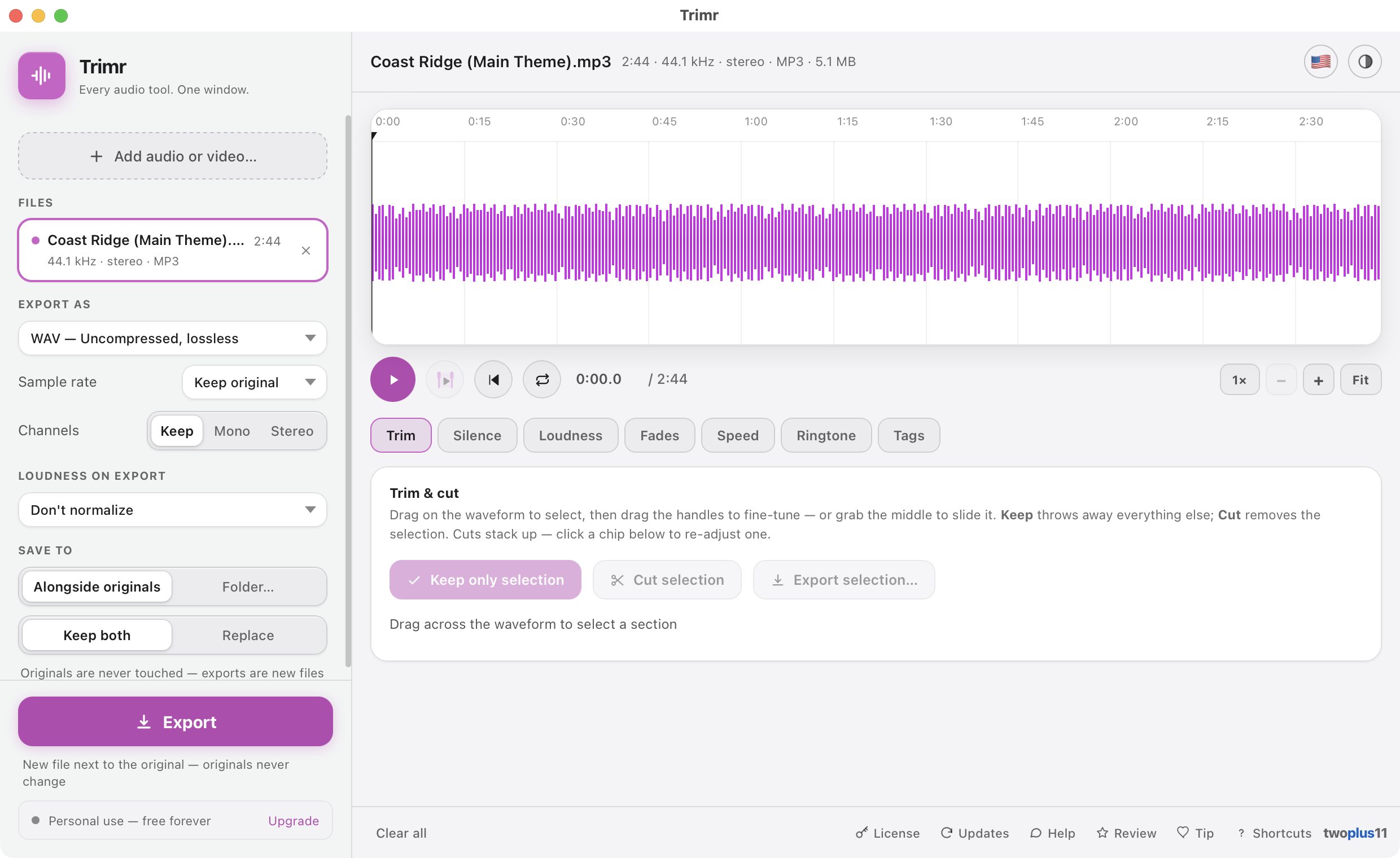The real Trimr app on a Mac, editing an audio waveform with fades, trim, and loudness tools, ready to export as WAV, MP3, or M4A, entirely on-device