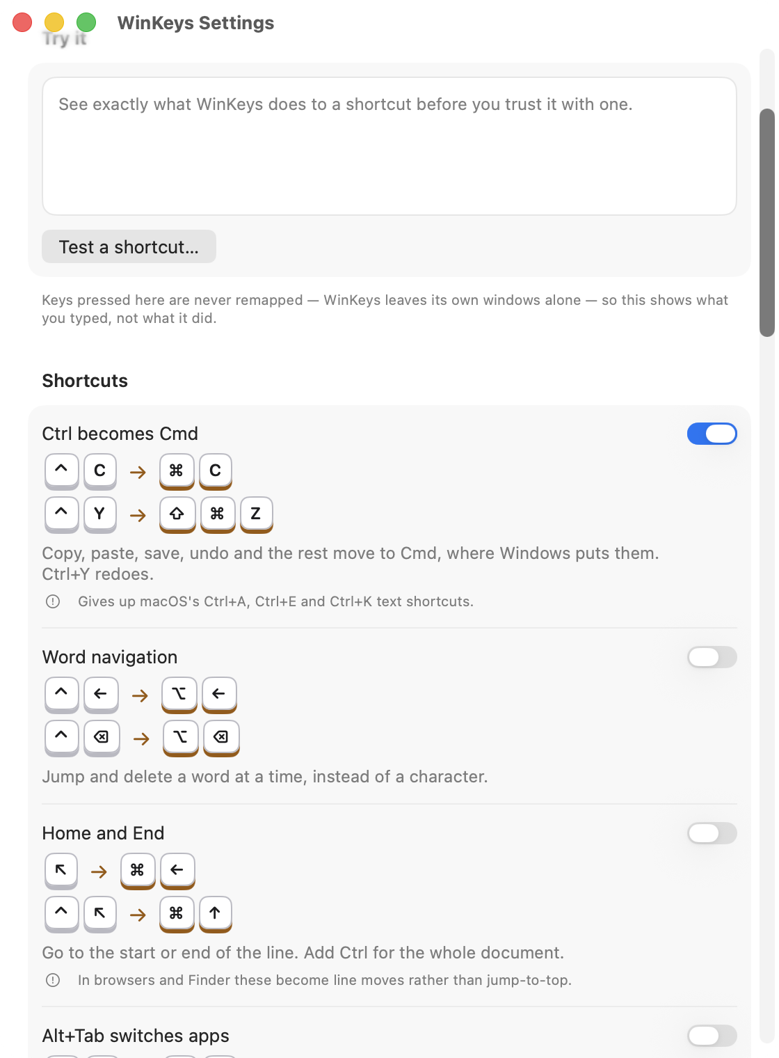 The Shortcuts list in WinKeys Settings. Each rule has its own switch and a worked example drawn as key caps: Ctrl C becomes Command C, Ctrl Left Arrow becomes Option Left Arrow, Home becomes Command Left Arrow, Option Tab becomes Command Tab, Option F4 becomes Command W, and F2 becomes Return. Two rules also carry a note about what they cost you.
