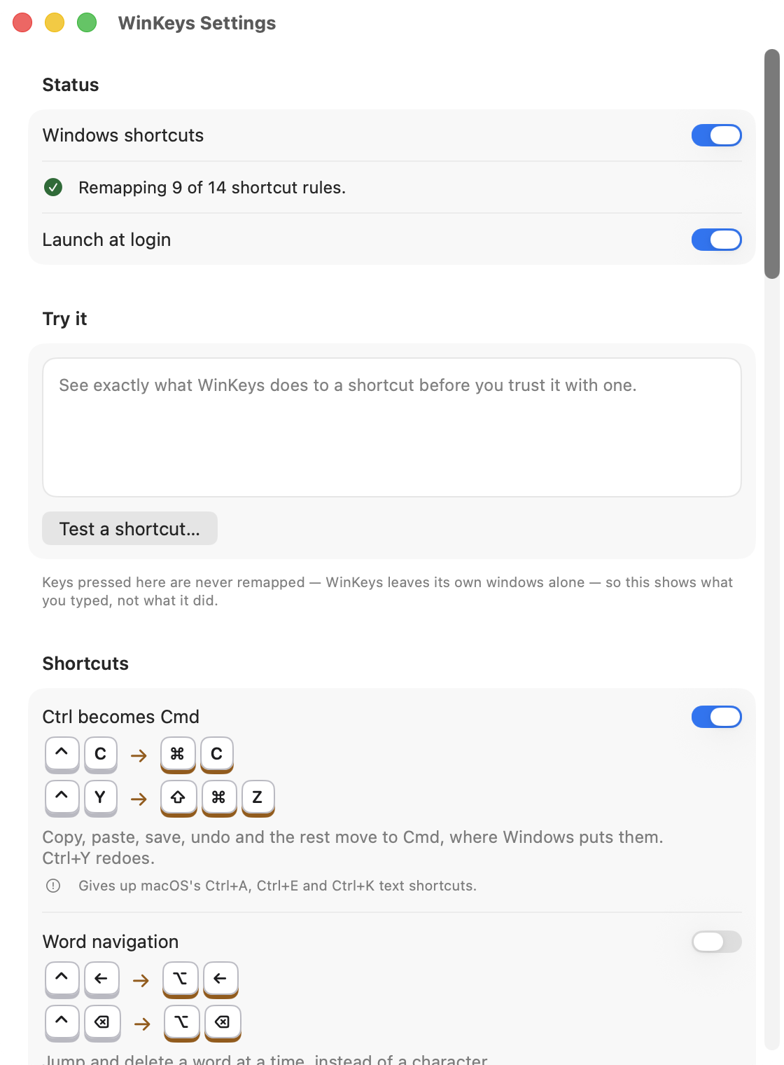 WinKeys Settings. The status line reads “Remapping 7 of 7 shortcut rules.” Below it, a panel headed Try it shows the Home key becoming Command and Left Arrow, drawn as key caps, with a green tick naming the rule that did it: Home and End.